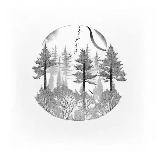 An Intricate Blackwork Tattoo Of A Moonlit Forest With Deer Silhouettes Blending Into The Trees