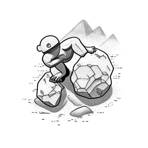 Nude Mucsular Man Pushing Boulder Up A Mountain
