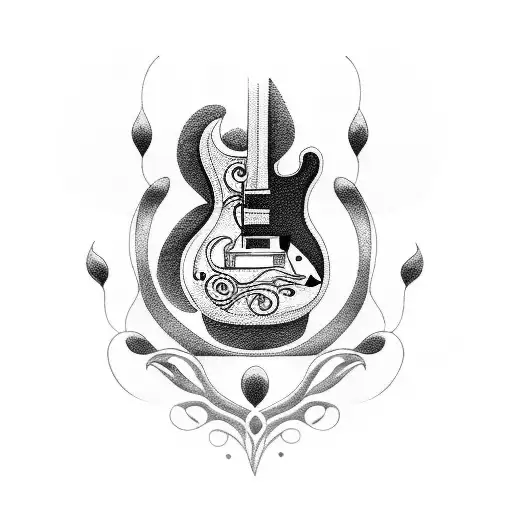 A Detailed Blackwork Tattoo Of A Guitar With Intricate Musical Notes Flowing From It