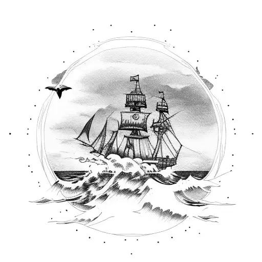 A Pirate Ship Sailing Through A Stormy Sea With Crows Perched On The Mast