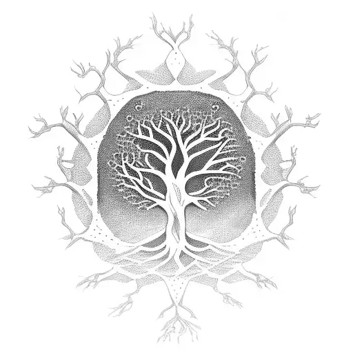 A Majestic Tree Of Life Surrounded By Swirling Crows In A Dotwork Style