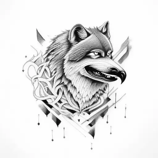 A Fierce Wolf Intertwined With Ravens In A Blackwork Style