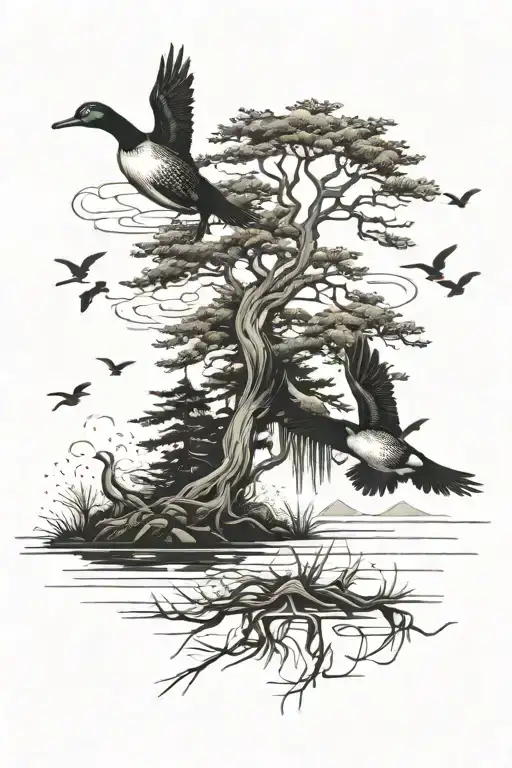 Cypress Tree And Ducks Flying