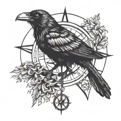 Black Crow On The Head And A Compass Vegvisir Symbol