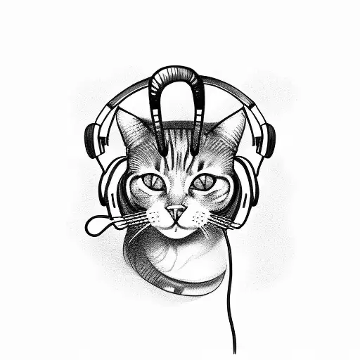 A Blackwork Tattoo Of A Cat Wearing Headphones With Musical Notes Swirling Around It