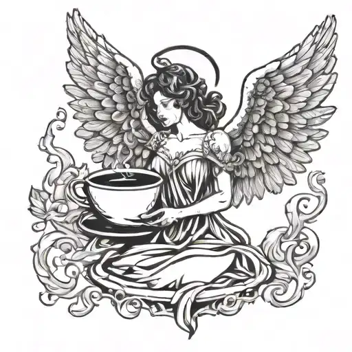 A Graceful Angel Holding A Steaming Coffee Cup With Wings Spread Wide In A Symbol Of Freedom