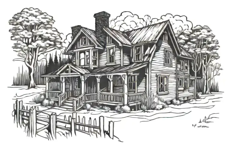 I Want A Typical American Wooden House Burning Created In The Style Of Black And White Munch's Works