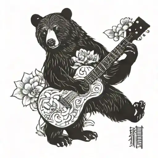 A Bear Playing A Guitar In A Traditional Japanese Garden Setting