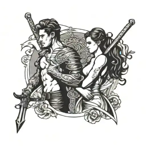 Shawn And Angel Holding A Sword