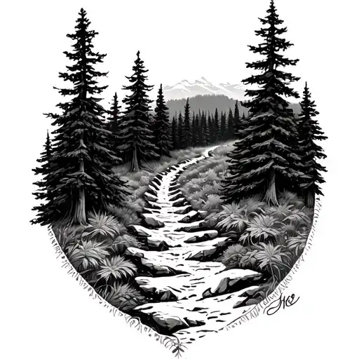 A Detailed Blackwork Tattoo Of A Hiking Trail Winding Through A Forest Of Intricate Trees