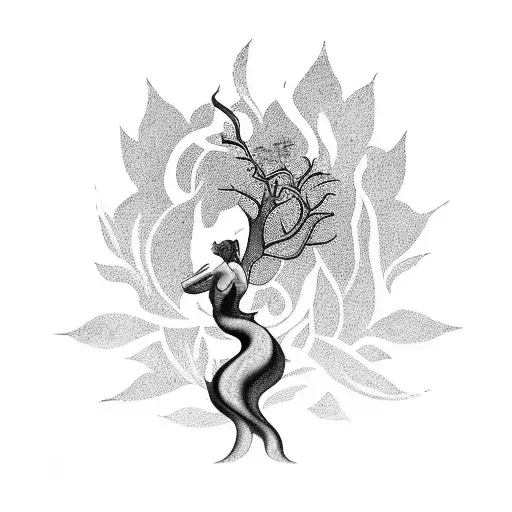 A Minimalist Tattoo Design Shaped As A Lady Figure In Lotus Pose And Hair As Tree Branches