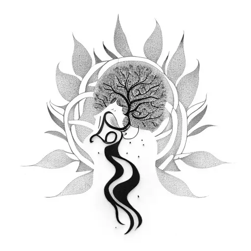 A Minimalist Tattoo Design Shaped As A Lady Figure In Lotus Pose And Hair As Tree Branches