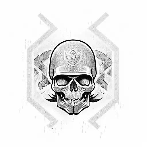 A Blackwork Tattoo Of A Military Helmet Adorned With Graffiti-style Art And Skulls
