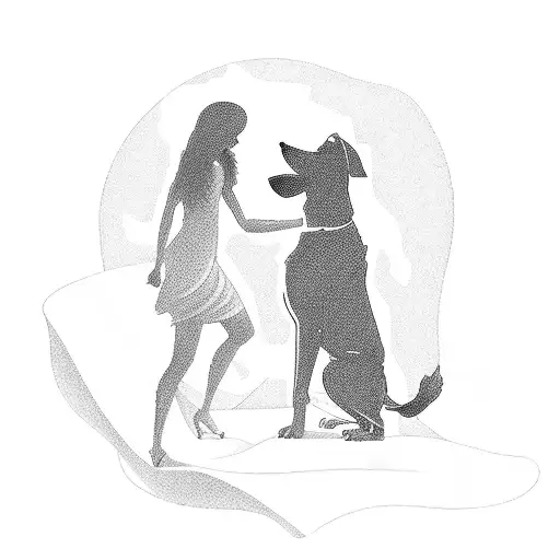 Silhouette Of The Back Of A Woman And Her Dog Looking Out Into Distance With Single Line