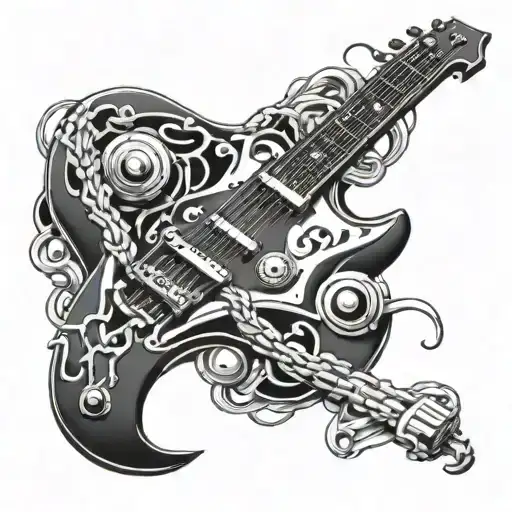 A Tattoo Design Featuring A Rock Guitar Intertwined With Gaming Elements