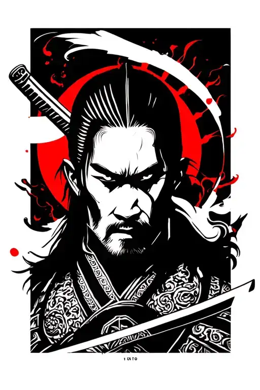 Samurai Guerrero With Katana And Red Sol In The Head