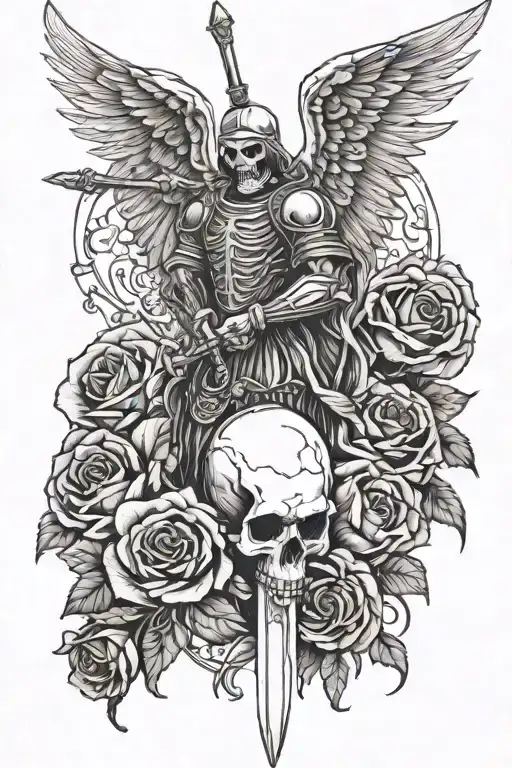 Angel Of Death With Sword Stabbing A Skull Surrounded By Roses