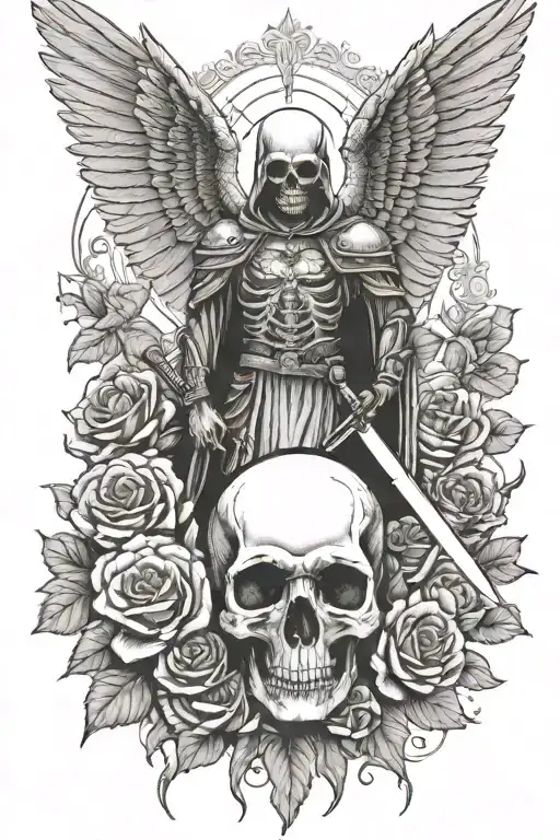 Angel Of Death With Sword Stabbing A Skull Surrounded By Roses