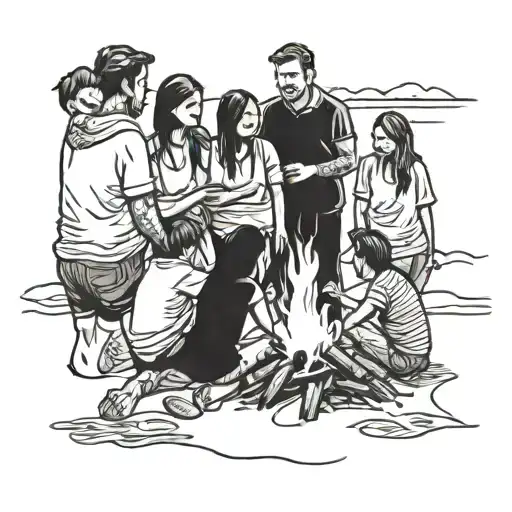 Family And Friends Gathered Around A Bonfire On The Beach