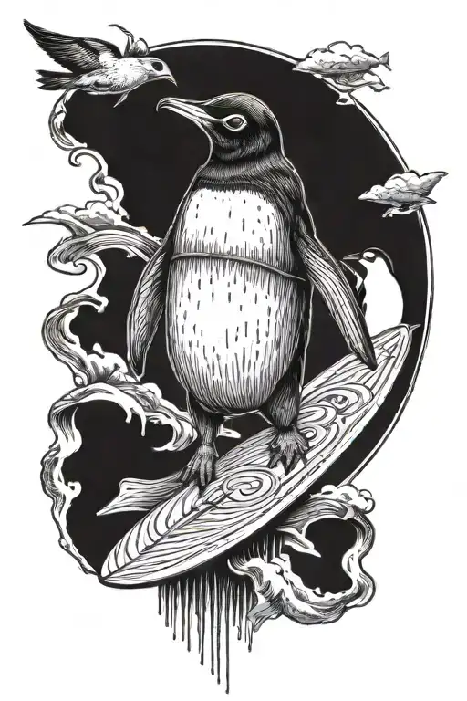 Penguin Holding A Surf Board Under Its Wing With Baby Penguin Hanging On The Back