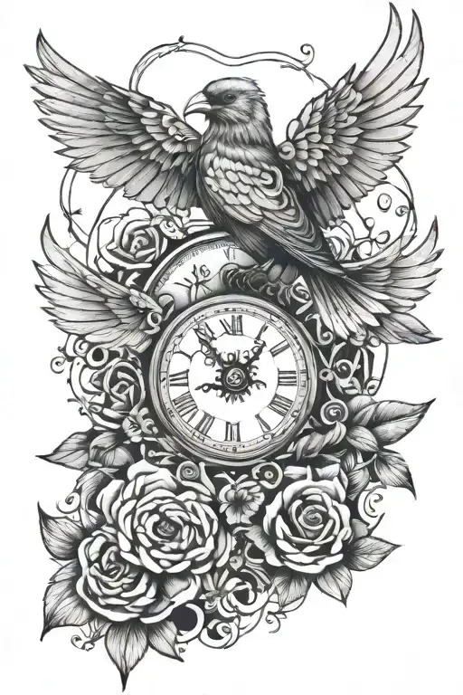 From Chest To Sleeve Tattoo Featuringbird With Clock On Chest