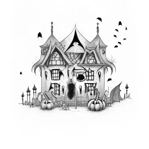 A Spooky Haunted House Surrounded By Bats And Pumpkins