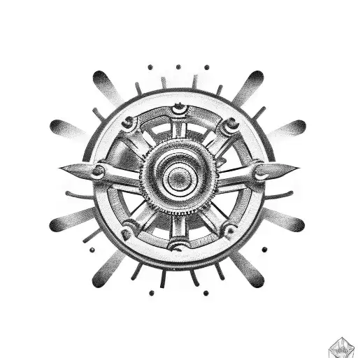 A Blackwork Tattoo Of A Car Engine With Gears And Music Symbols