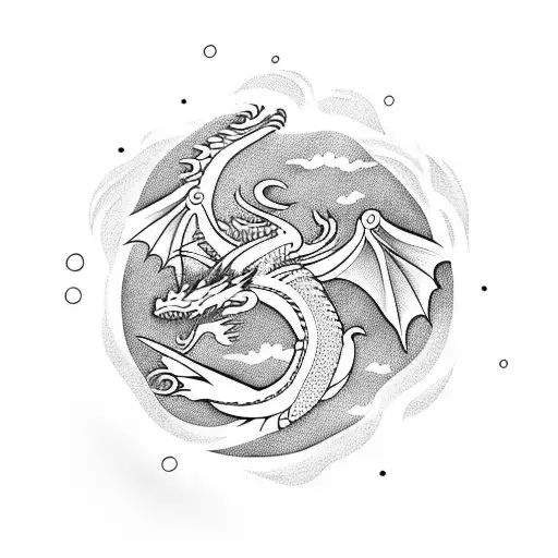 Dragon Flying Through Sky And Waves