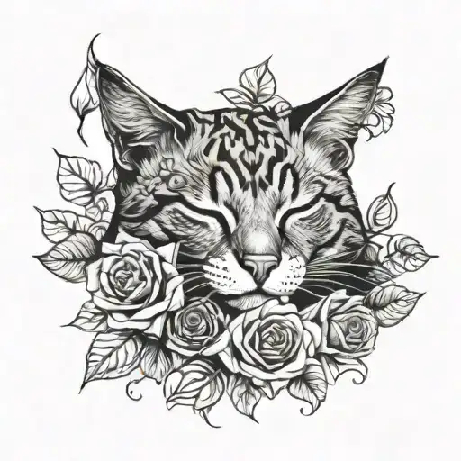 A Sleeping Cat Nestled Among Realistic Roses