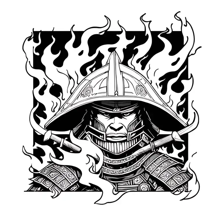 Samurai Warrior With Helmet Engulfed In Flames