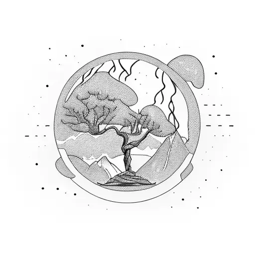 A Basketball Hoop Made Of Intertwined Branches With A Serene Mountain Landscape Inside