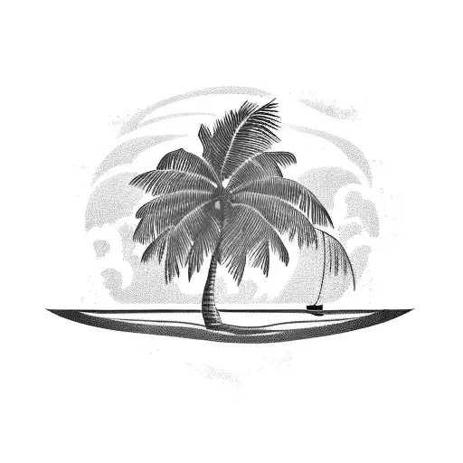 A Blackwork Tattoo Of A Serene Beach Scene With Palm Trees Swaying In The Wind
