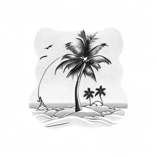 A Blackwork Tattoo Of A Serene Beach Scene With Palm Trees Swaying In The Wind
