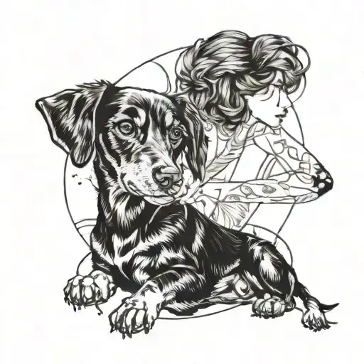 Black Silhueotte Of Short Haired Woman With Dauchshund Dog