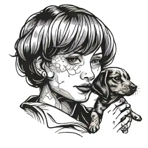 Black Silhueotte Of Short Haired Woman With Dauchshund Dog Puppy
