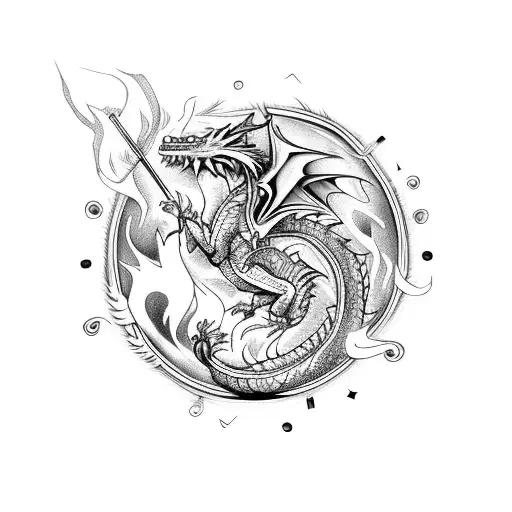Dragon Fighting A Feather Quill Pen Surrounded With Fire And Music Notes