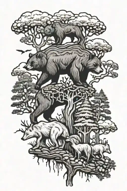 Bear Wolf Horse Tree Mushrooms