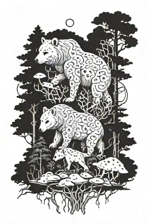 Bear Wolf Horse Tree Mushrooms Coming Together To Form