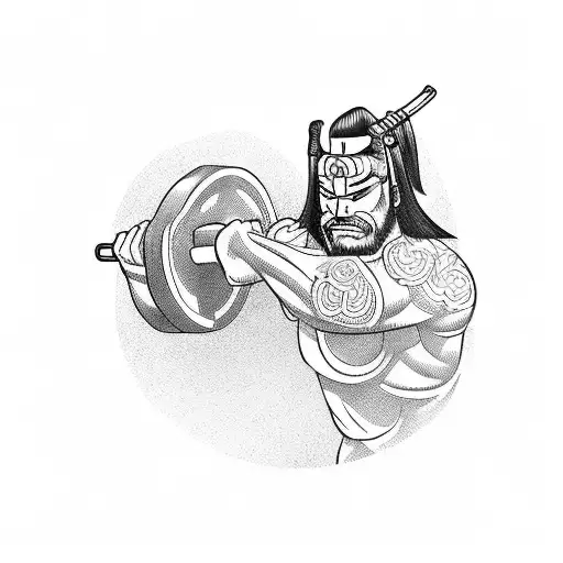 A Powerful Samurai Warrior Lifting Weights In A Gym