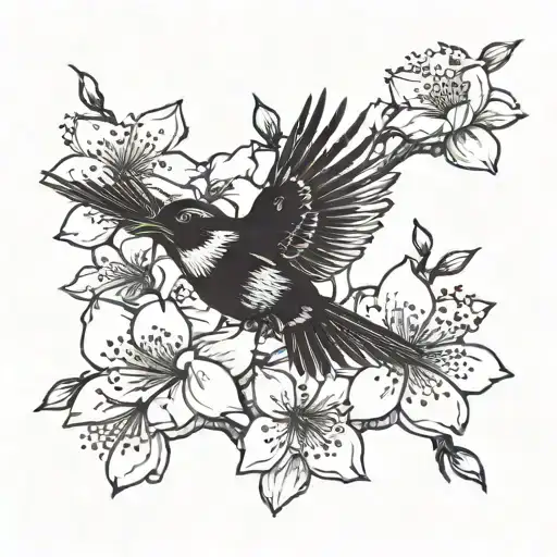 Cherry Blossoms And Bird Flying