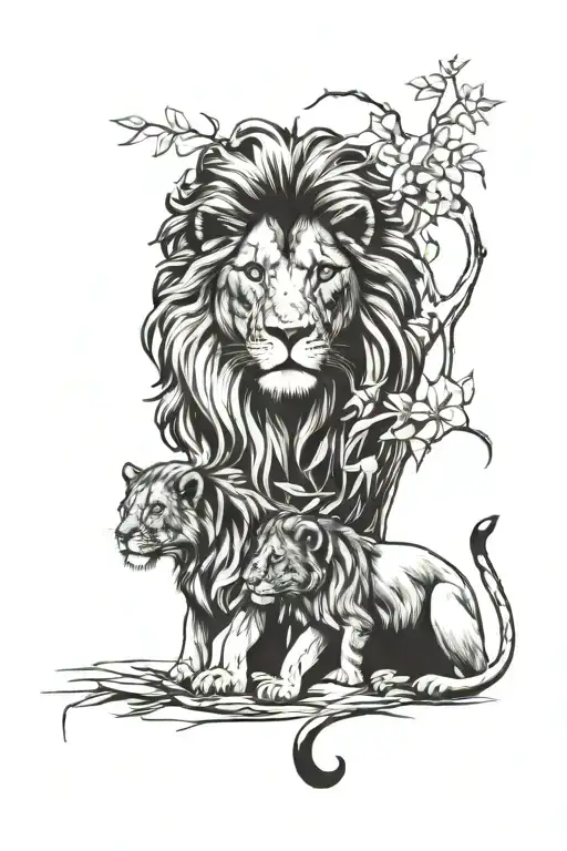 Lion And Lioness Protecting Her Cubs