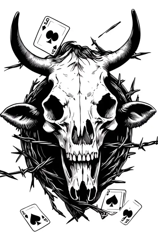 Cow Skull With Barbed Wire And Playing Cards