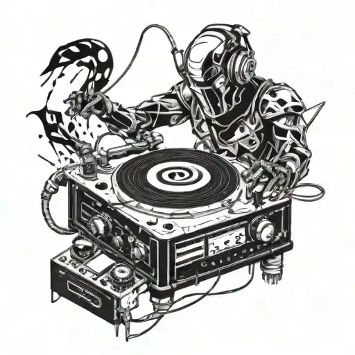 A Futuristic Cyborg Dj Mixing Music On A Turntable Powered By Lightning Bolts