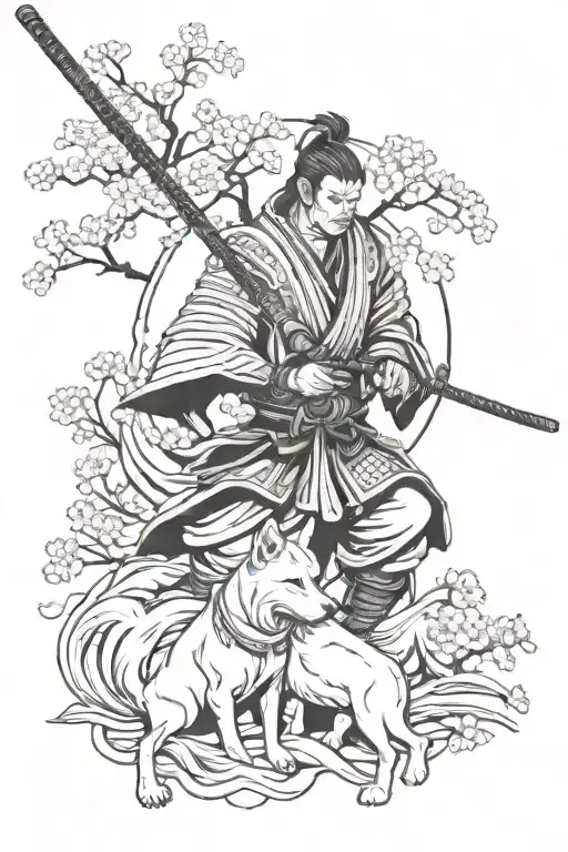 Samurai With Dogs And Sakura