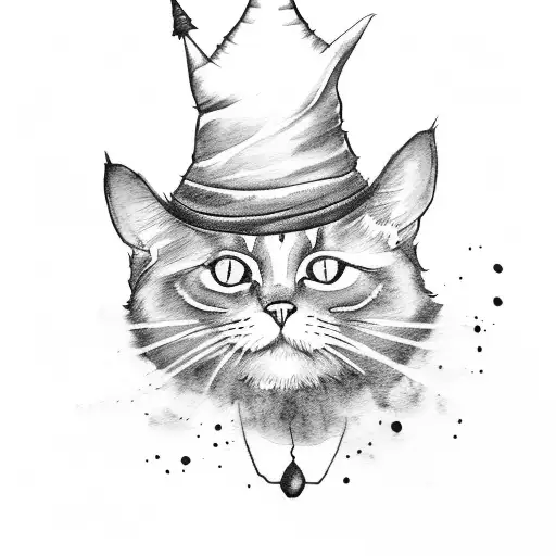 A Small Black Cat Wearing A Wizard Hat In Watercolor