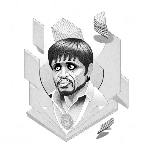 A Blackwork Tattoo Of Scarface Holding A Stack Of Money In An Arabic Style