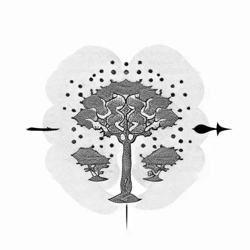 A Dotwork Tattoo Of A Money Tree With Arabic Patterns And The Word 'Prosperity' In Arabic Script