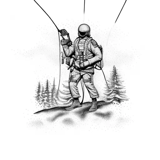 A Parachuting Soldier Descending Into A Forest