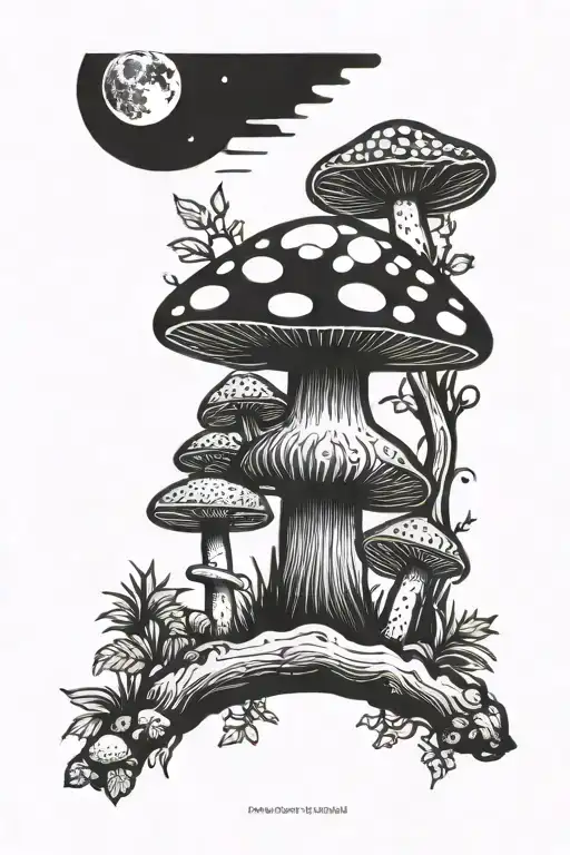 Black Amanita Muscaria Mushroom And Moon