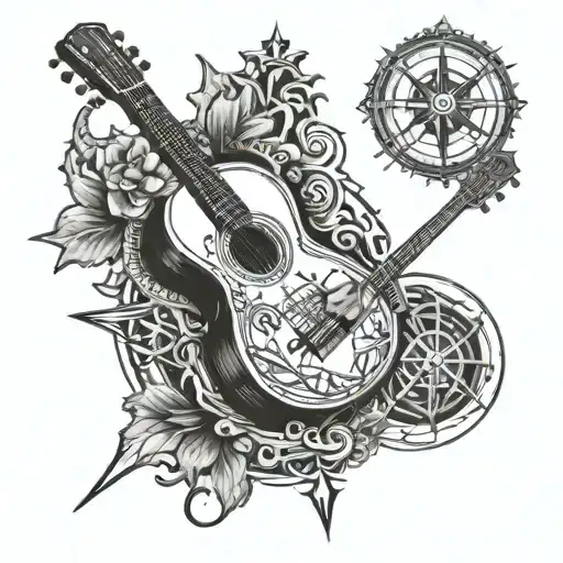 Incorporate A Guitar And Drum Intertwined With A Trident And Compass Rose